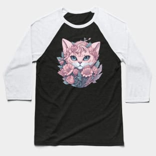 Cute cat head with splash of flowers Baseball T-Shirt